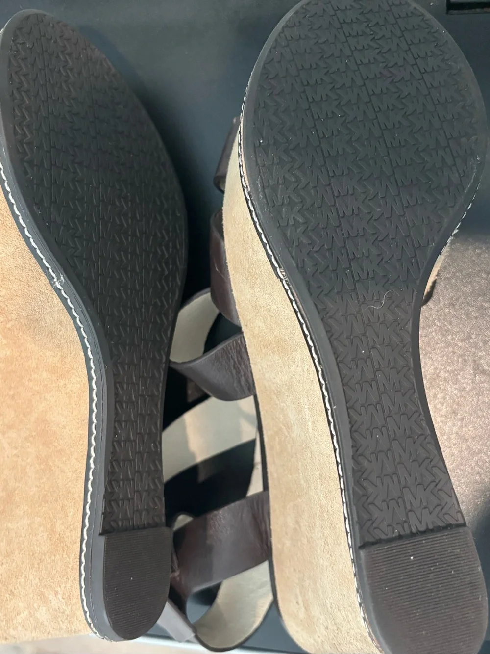 Michael Kors - Women's Brown Leather Strappy Wedge Sandals with Suede Platform
